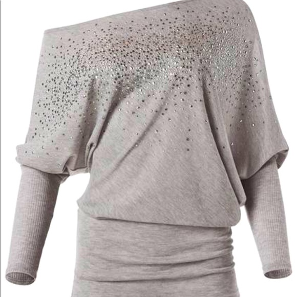VENUS Sweaters - Venus Asymmetrical Long Sleeve Off the Shoulder Embellished Sweater - Size XL